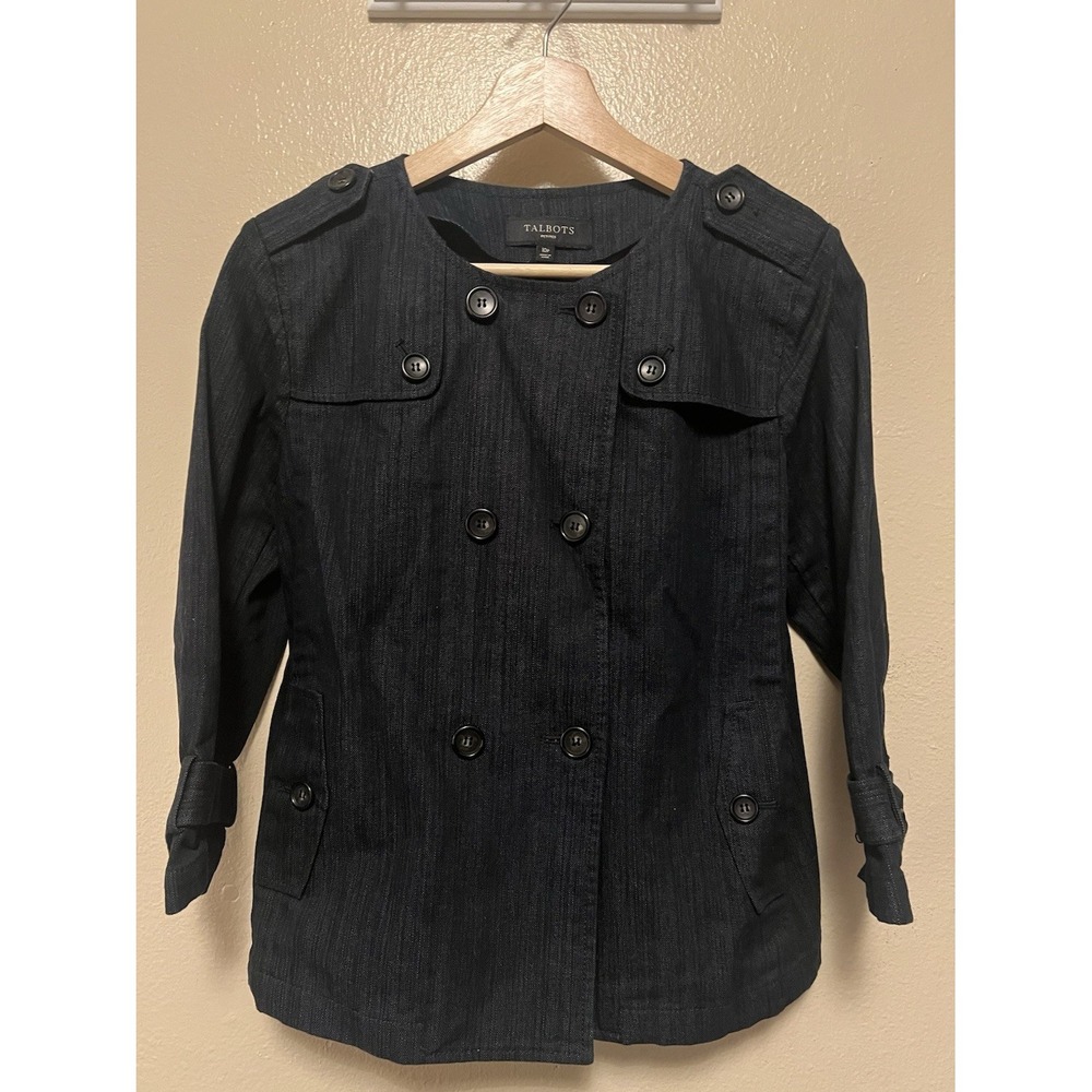 Talbots Dark Denim Double Breasted Button Swing Jacket‎ Stretch Women's Sz 10P